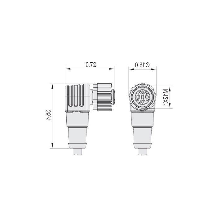 M12 3Pin、母头90°、Single-ended precast cable、防焊渣PUR材质、黄色护套、64T001-XXX