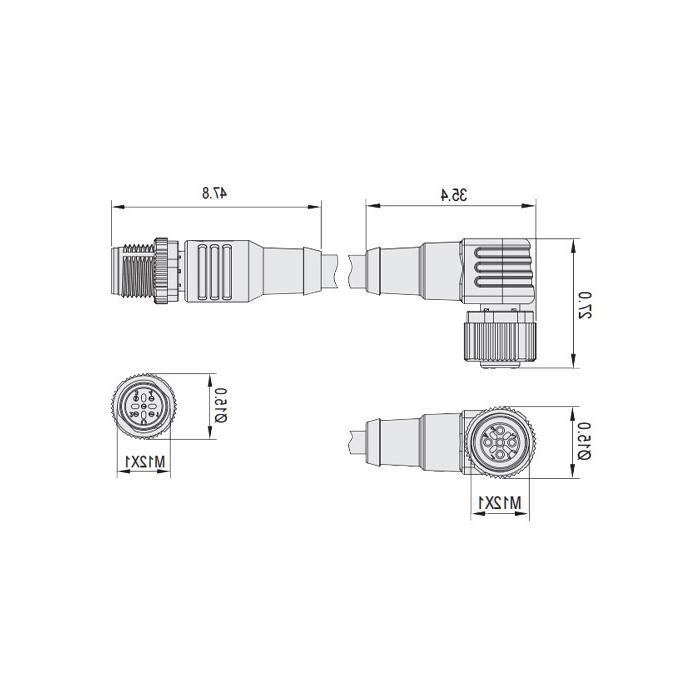 M12 4Pin、母头90°带LED灯转M12公头直型、双端预铸防焊渣PUR柔性电缆、橙色护套、64T123-XXX