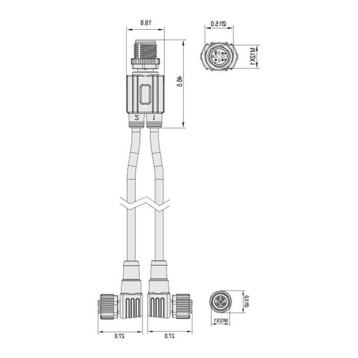 M12 4Pin male /2M12 3Pin female 90°, Y-shaped precast slag resistant PUR flexible cable, orange sheath, 64T203-XXX